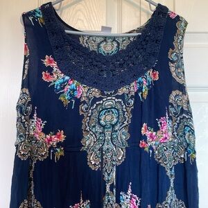 Bila XXL maxi dress sleeveless crochet neckline ruffle bottom floral navy flowy